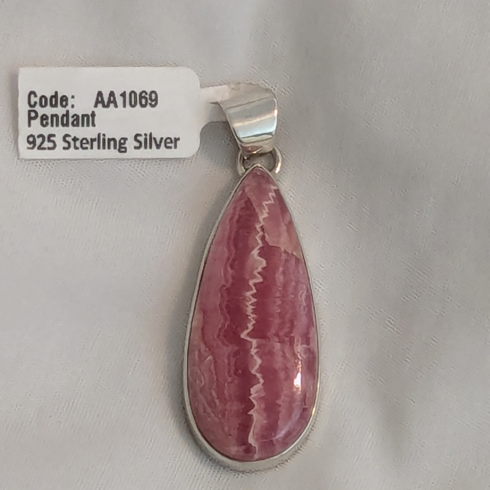 Amazing Pink Rhodochrosite Teardrop Sterling Silver 925 Pendant New With Tag - Picture 2 of 9
